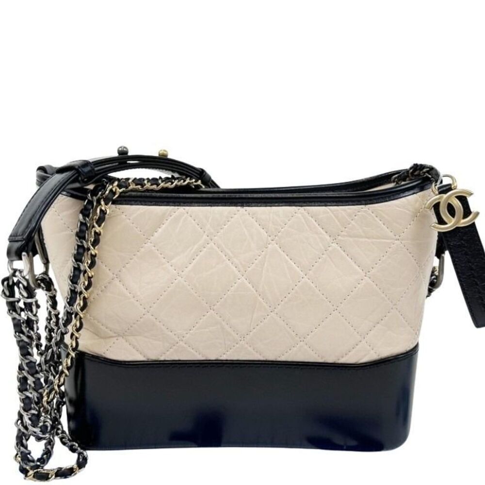 CHANEL Shoulder Bag Gabrielle AS1521 Beige x Black Calfskin Leather Women's C...